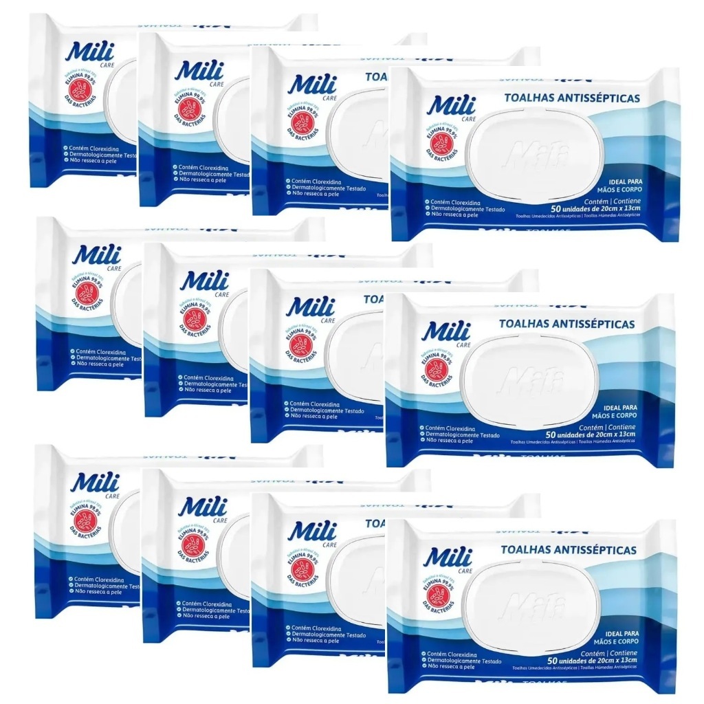 Kit Lenços Umedecidos Antissépticos Mili 50x12 (600 unid) - Tampa Flip Top - uso Mãos e Corpo Promoção em Oferta na Shopee