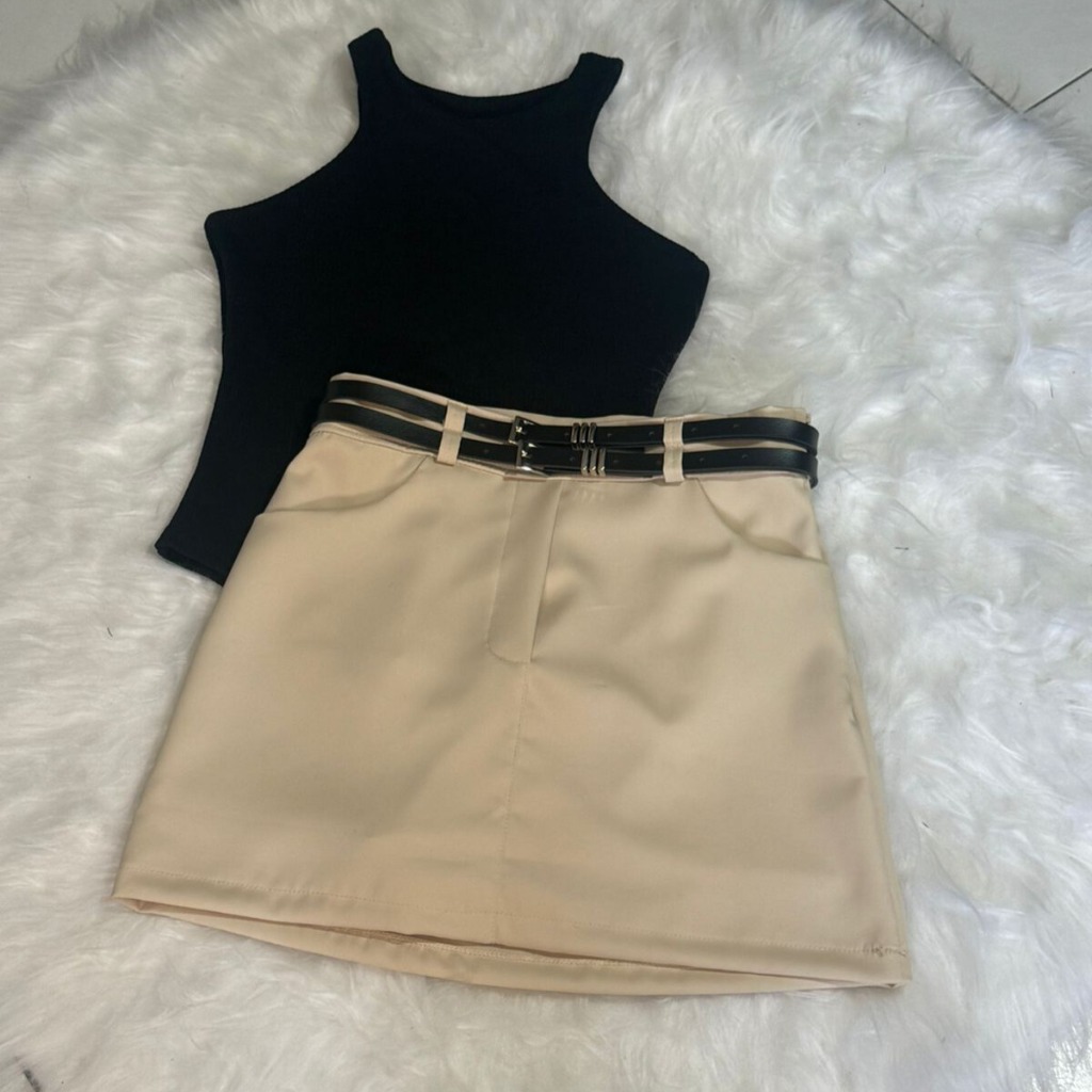 Look verão elegante! Conjunto com saia de alfaiataria + body ombro a ombro +  2 cintos de brinde, verão 2025 em Oferta na Shopee