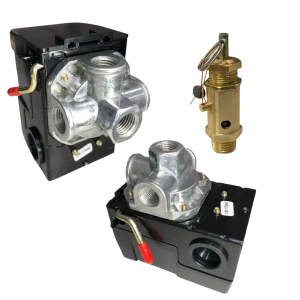 Kit Pressostato Automático 100-140 PSI 4 Vias + Válvula de Segurança 150 PSI 1/4 NPT para Compressores