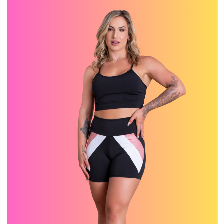 Conjunto Fitness Feminino Short Cintura Alta Com Detalhe Recorte E Top Cropped Alcinha Liso Academia Treino RIQ Modas