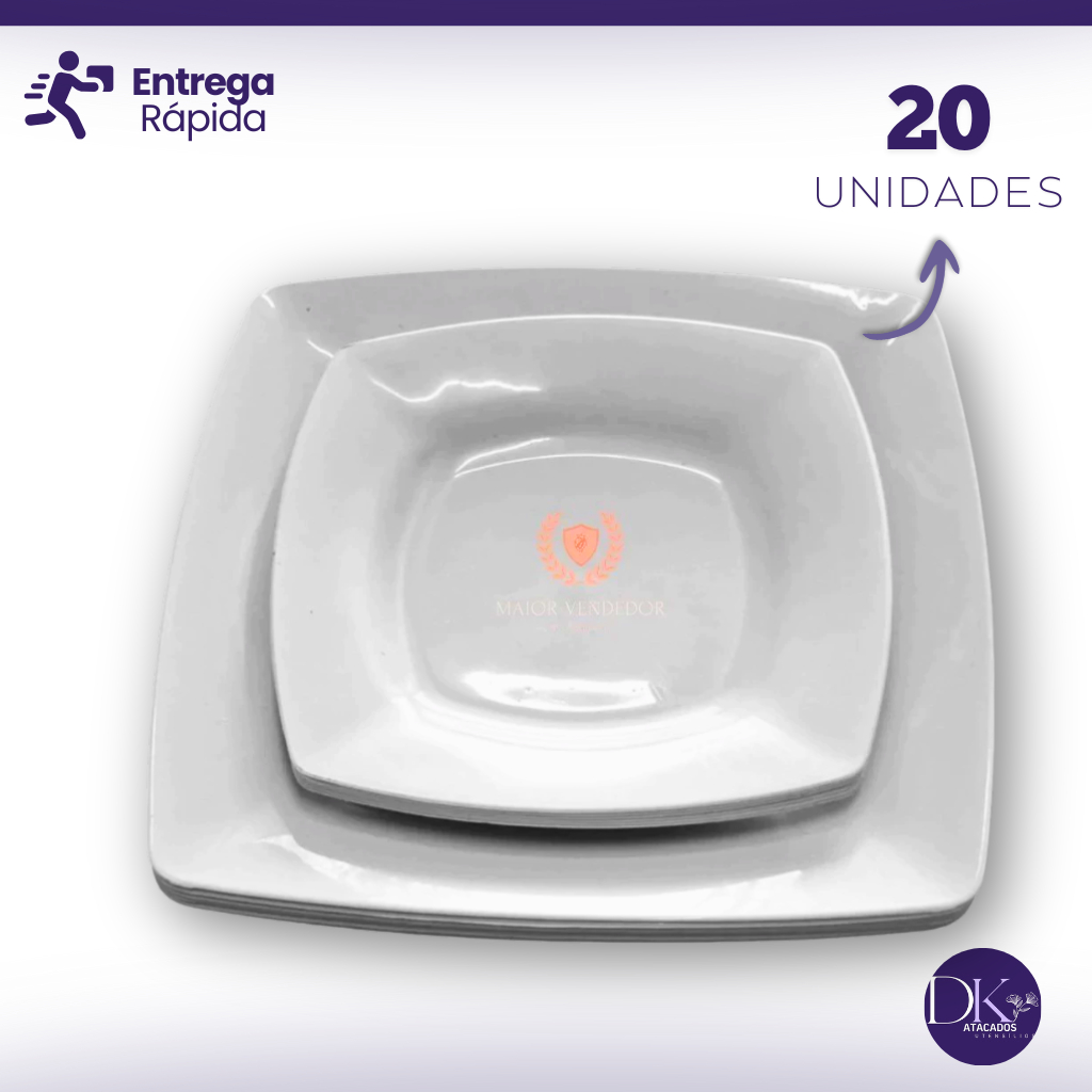 Kit 20 Pratos Quadrados 10 Pratos p/ Refeição + 10 Pratos p/ Sobremesa