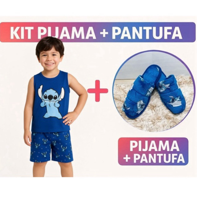 Kit pijama masculino stitch infantil + pantufa de menino regata juvenil verao