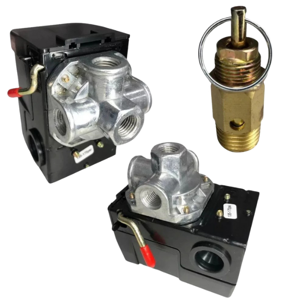 Kit Pressostato Automático 80-120 psi 4 Vias + Válvula de Segurança 125 psi 1/4 NPT