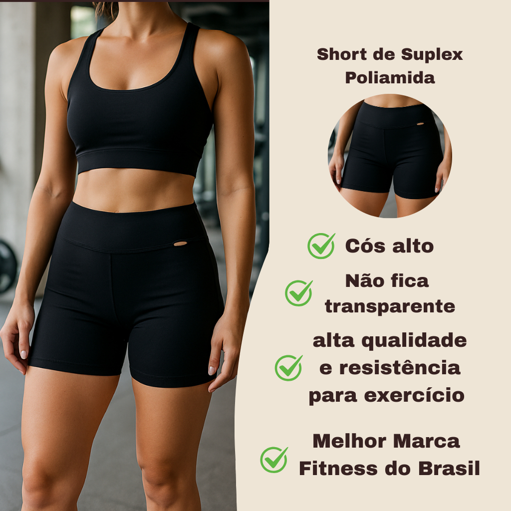 Short Fitness Feminino Suplex Poliamida Cós Alto Academia Não Transparente