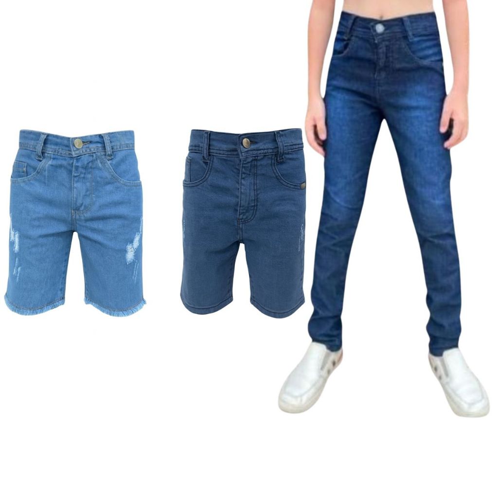 Combo 2 KIT - Bermuda + 1 Calça Jeans Skinny Masculina Infantil 8 AO 16 Anos Com Lycra super promoção