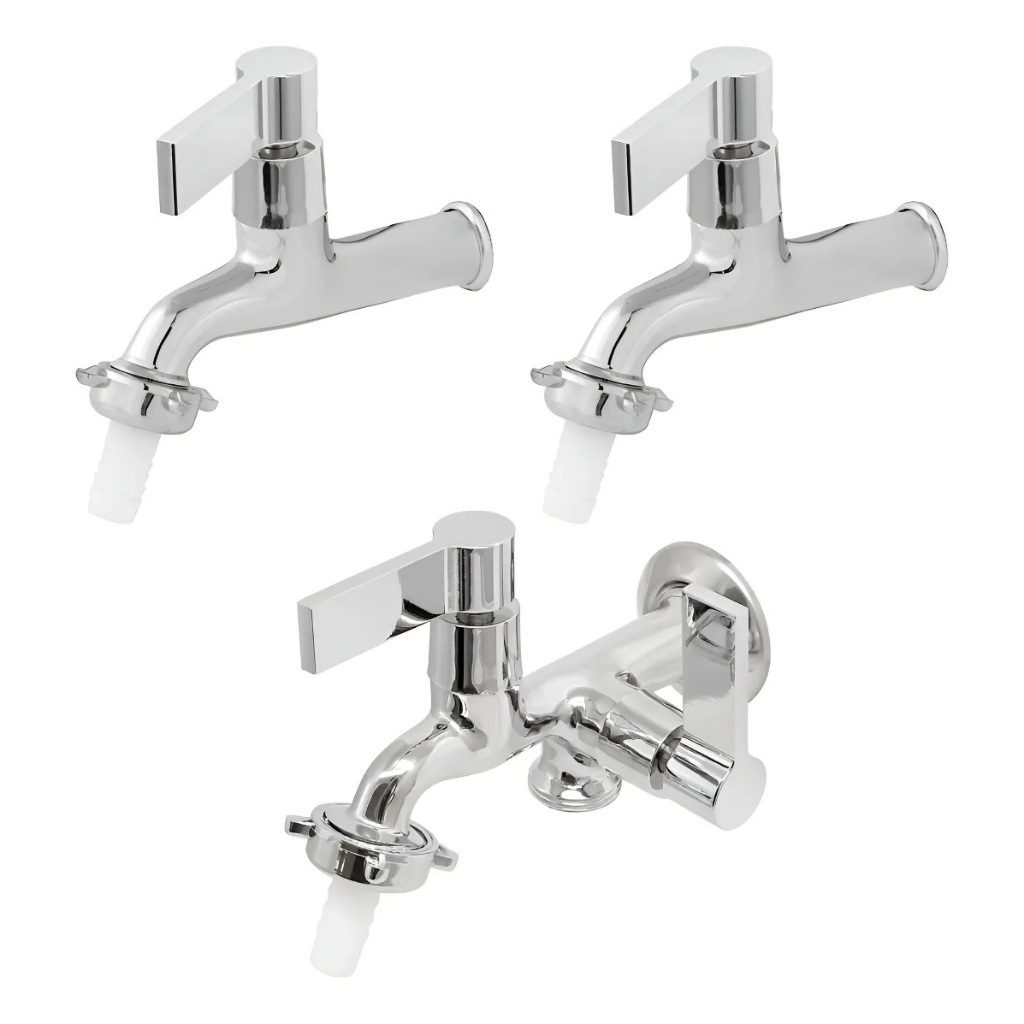 Torneira Para Máquina Lavar Dupla Saída Metal + 2x Torneira Tanque ou Jardim Metal