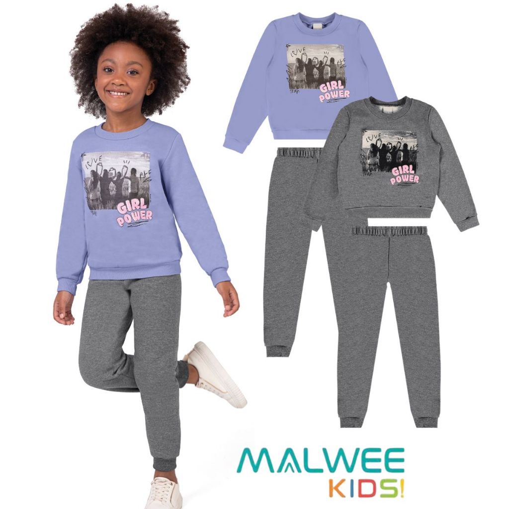 CONJUNTO MENINA INFANTIL MOLETOM FLANELADO QUENTINHO GIRL POWER ALGODÃO MALWEE KIDS