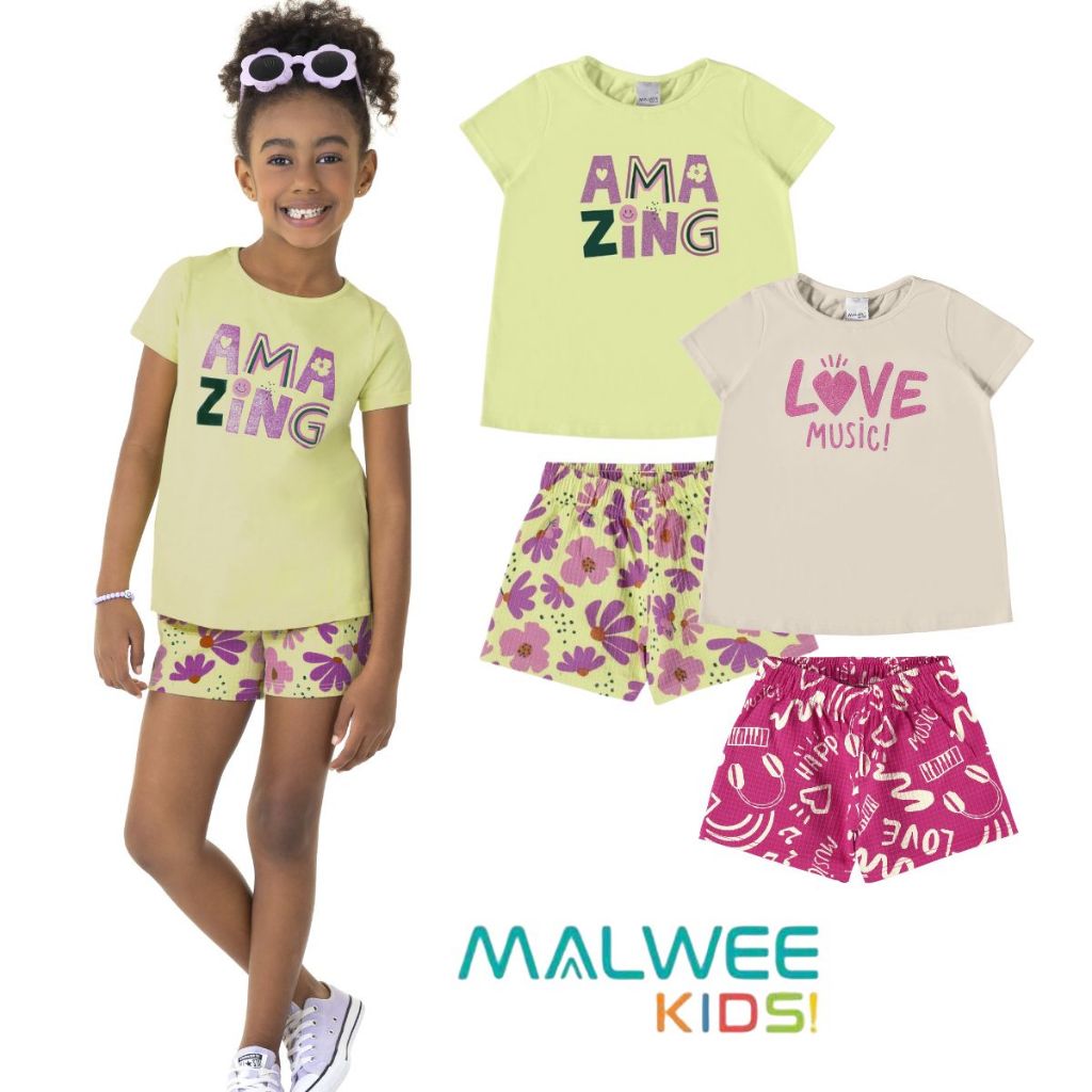CONJUNTO INFANTIL MENINA SHORTS ESTAMPADO ALGODÃO JUVENIL MALWEE KIDS