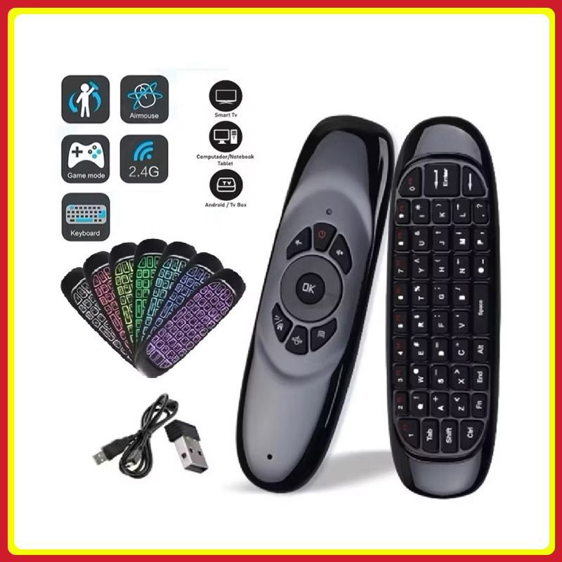 Mini Controle sem fio com Teclado Air Mouse Remote TV ''2.4 GHZ'' Wireles Com Luz Led Universal