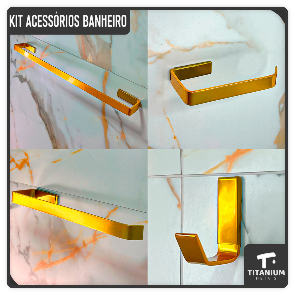 Kit Acessorios Para Banheiro Quadrado 4 Peças Dourado Porta Toalhas e Papeleira