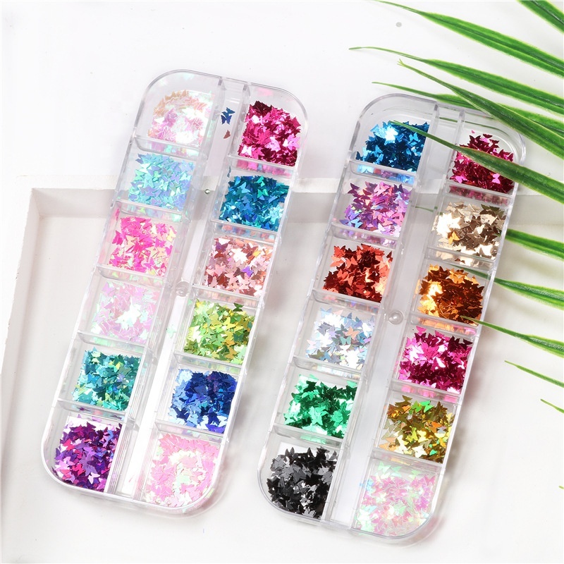 12 Cores e Formatos de Glitter e Lantejoulas para Decoração de Unhas com Estojo - Unha Encapsulada Nail Art