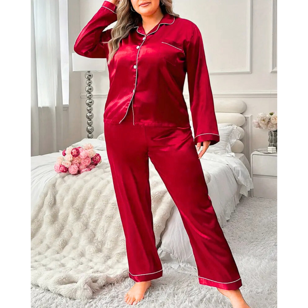 Pijama Plus Sized Americano Feminino Cetim de Seda Calça e Manga Cumprida com bolso e botões — imagem 2 de 2