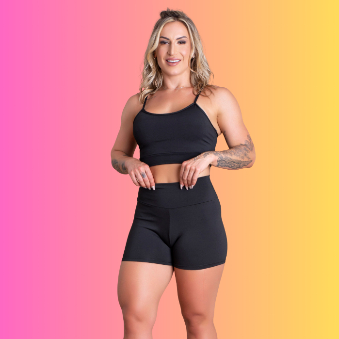 Conjunto Fitness Feminino Short Cintura Alta Liso Básico E Top Cropped Alcinha Moda Academia RIQ Modas