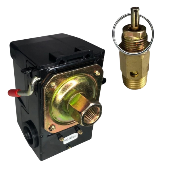 Kit Pressostato Compressor Automático Alavanca 125-175 PSI 1 Via + Válvula de Segurança 175 PSI 1/4 NPT