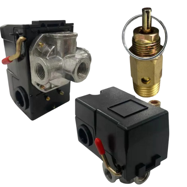Kit Pressostato Compressor Automático Alavanca 135-175 PSI 4 Vias + Válvula de Segurança 175 PSI 1/4 NPT