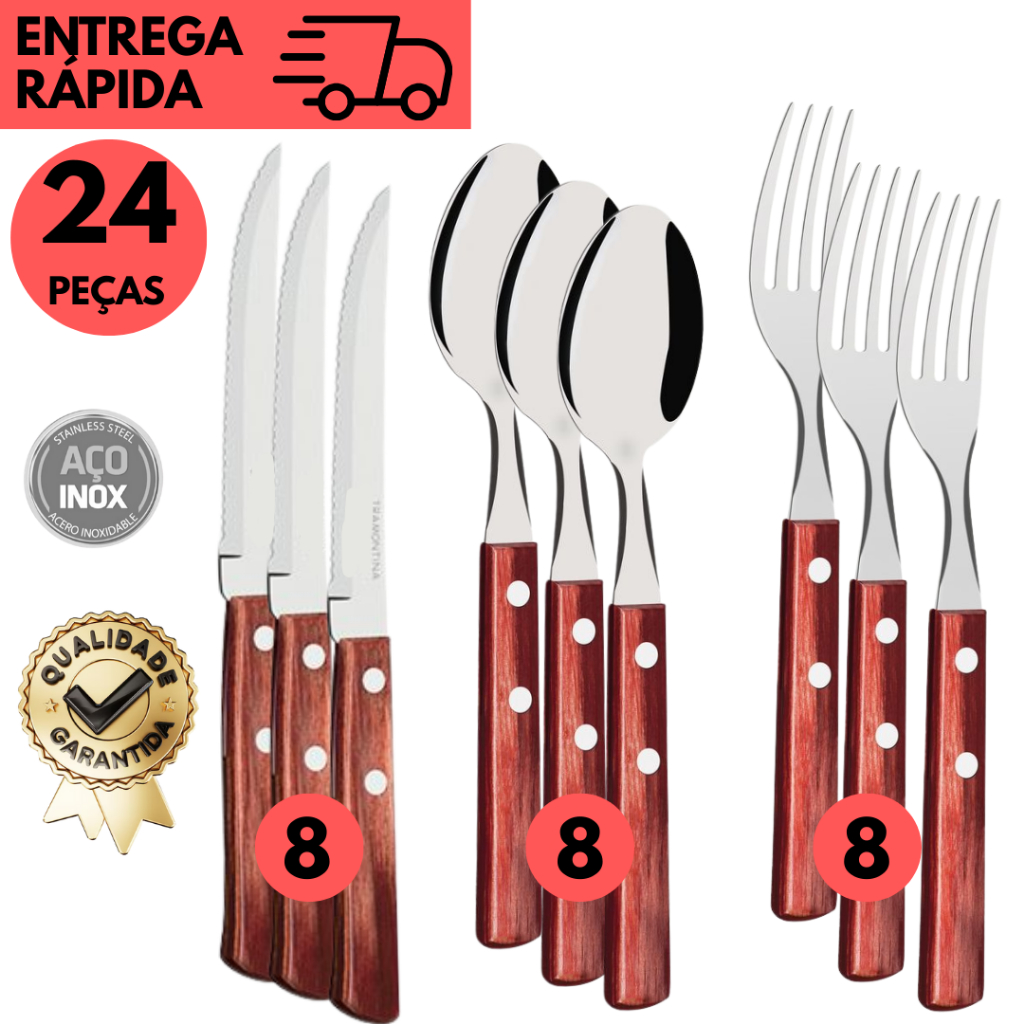 Kits 24/12 Talher de Inox Cabo de Madeira Resistentes para Refeição 8 Facas, 8 Colher, 8 Garfo em Oferta na Shopee