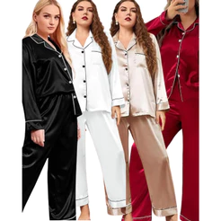 Pijama Plus Sized Americano Feminino Cetim de Seda Calça e Manga Cumprida com bolso e botões