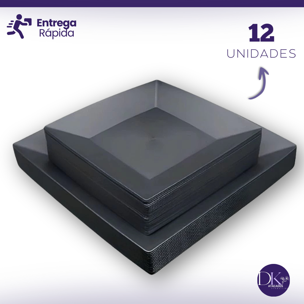 Kit 12 Pratos Pretos 6 Pratos Quadrados Refeição Plástico + 6 Pratos Quadrados para Sobremesa Plásticos