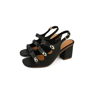Sandália Feminina Salto Bloco Médio 7cm 3 Tiras Fivela Confortável Detalhe ABS Moda Casual Festa Elegante