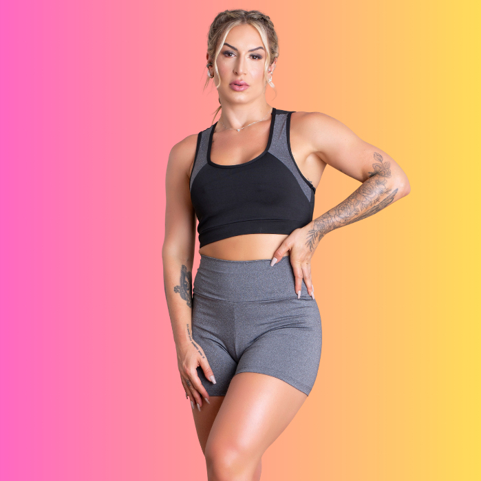 Conjunto Fitness Feminino Short Cintura Alta Liso Básico E Top Nadador Decote Costas Academia Moda Treino RIQ Modas