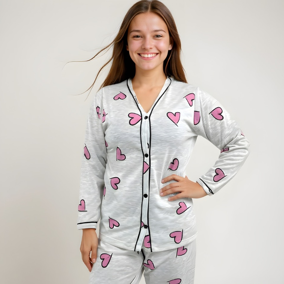Pijama FB Blogueira Americano Gola V Malha Premium Coração Manga longa botão gestante amamentação