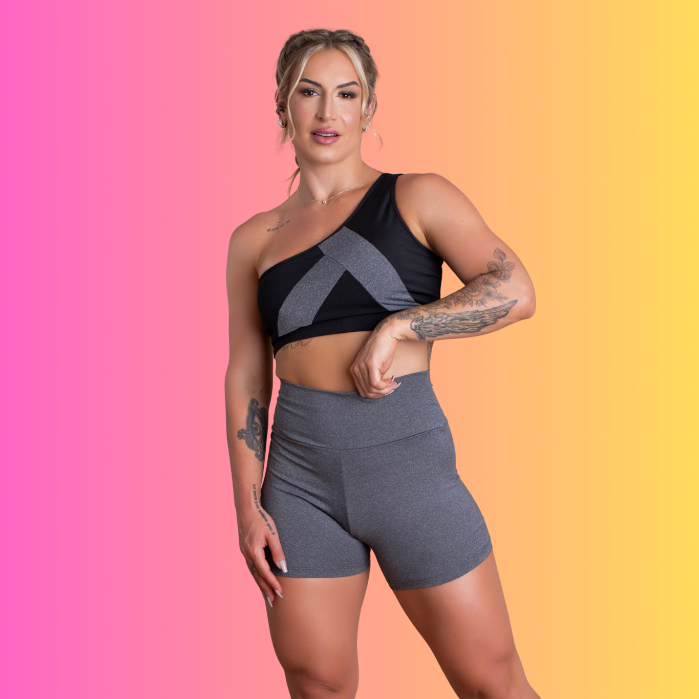 Conjunto Fitness Feminino Short Cintura Alta Liso Básico E Top Cropped Faixa Ombro Só Academia Moda Treino RIQ Modas