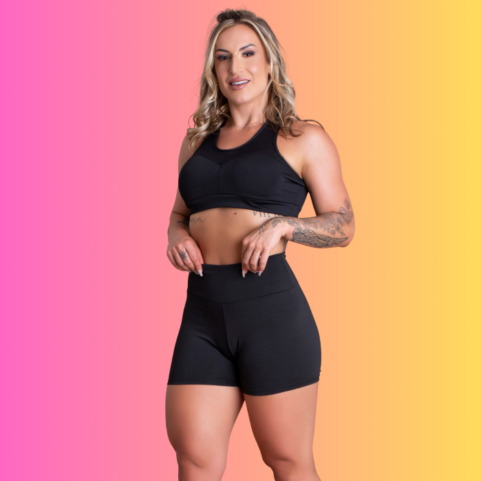 Conjunto Fitness Feminino Short Cintura Alta Liso Básico E Top Nadador Tela Sustentação Academia Treino RIQ Modas