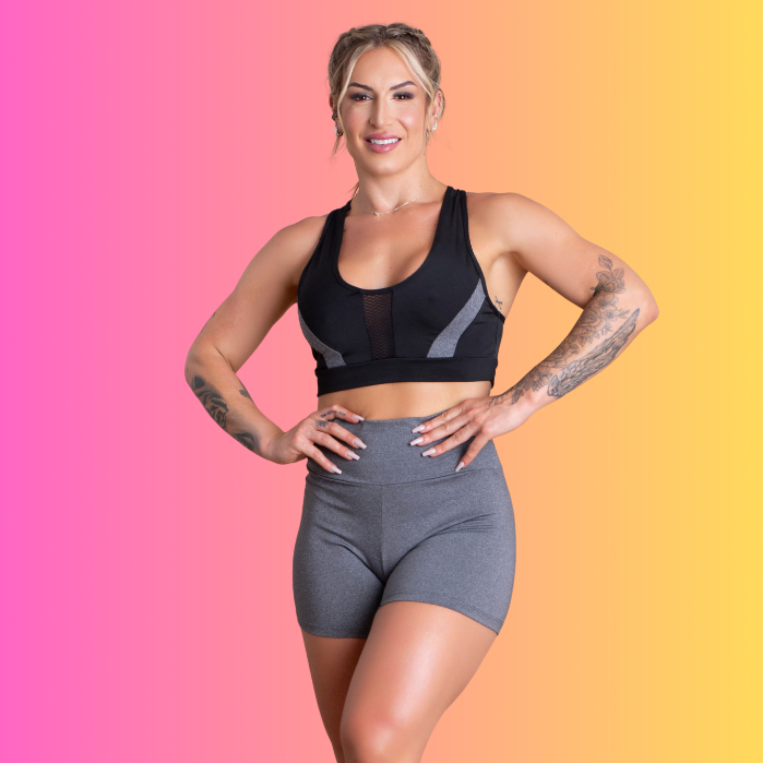 Conjunto Fitness Feminino Short Cintura Alta Liso Básico E Top Nadador Tela Frontal Academia Treino RIQ Modas