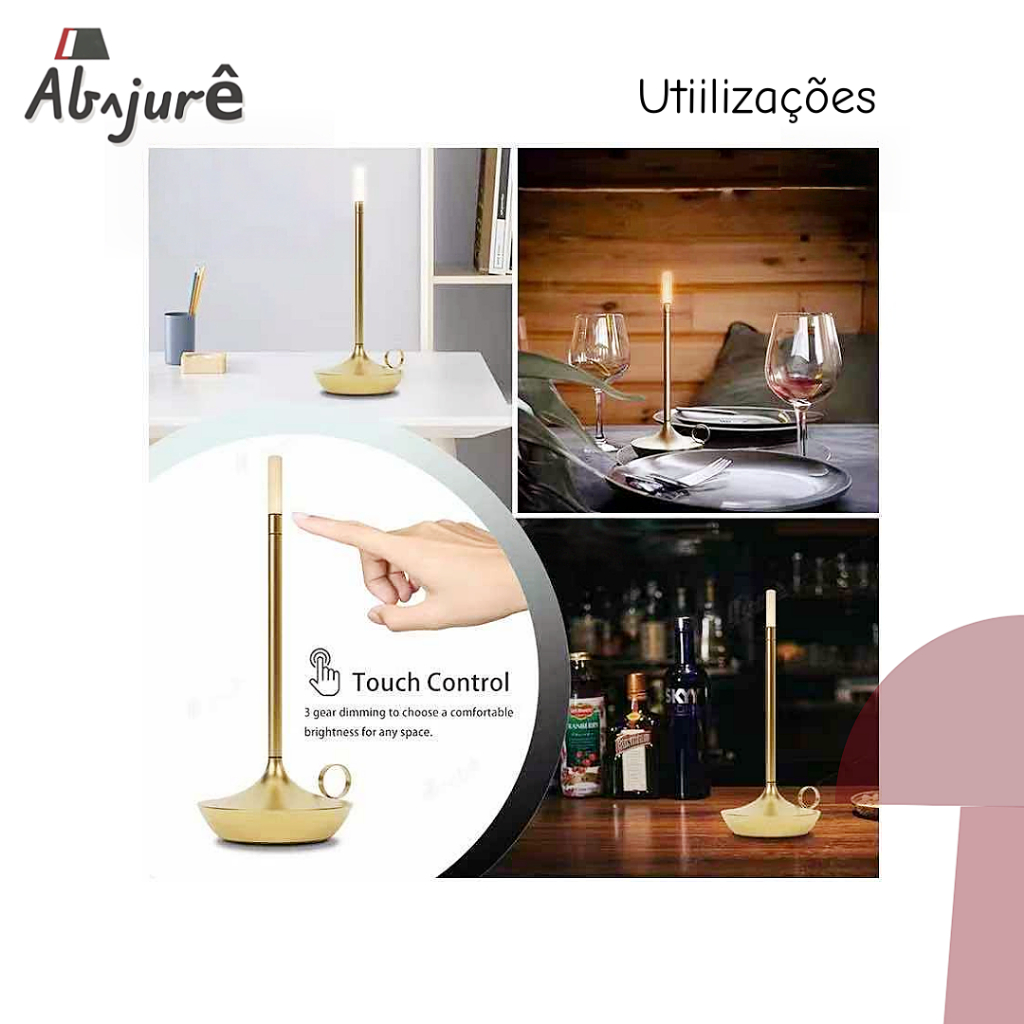 Abajur Led Moderno Luminária De Mesa Minimalista Dourado Cromado Portátil Recarregável 3 Cores Em 1