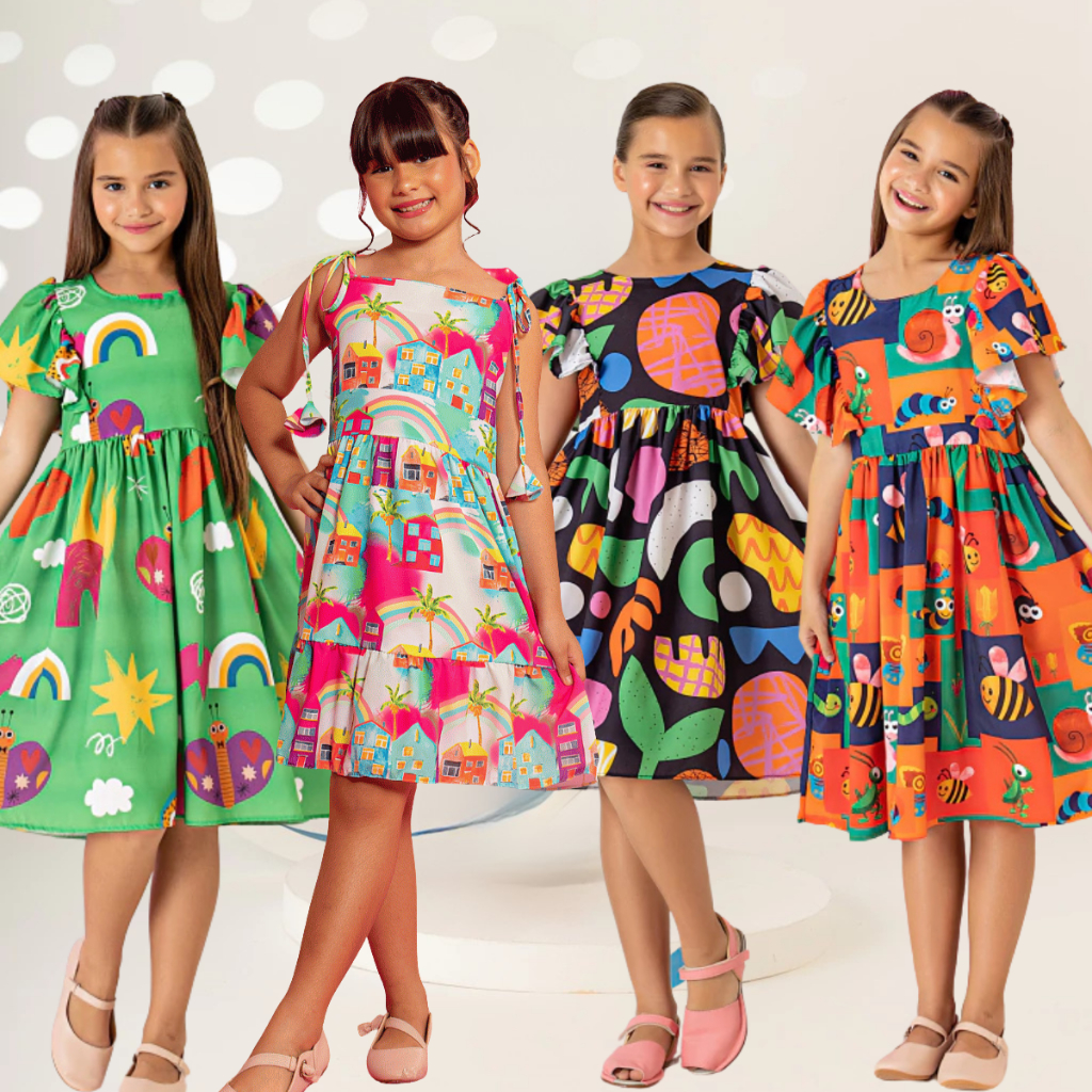 Vestido Infantil Menina Soltinho Juvenil Festa Roupa Criança Feminino Estampado Babado Blogueirinha