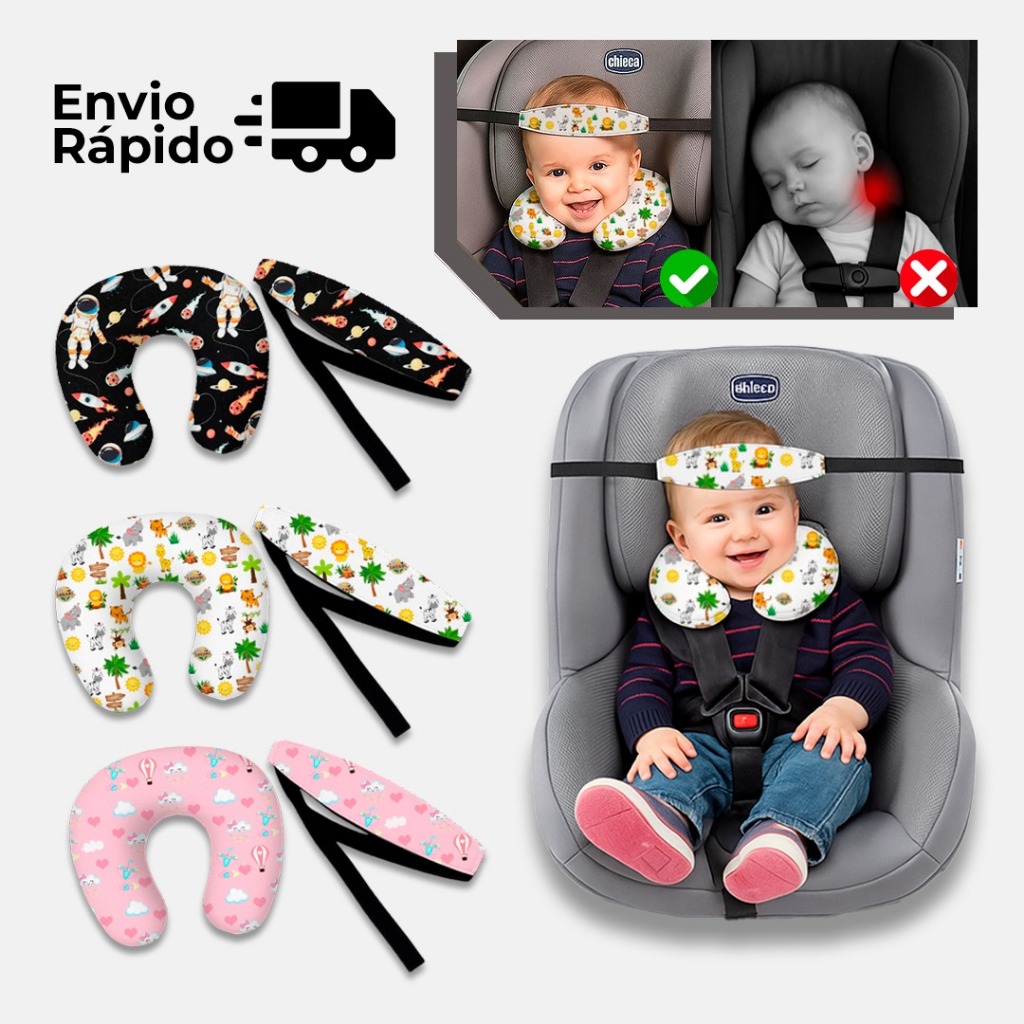 Imagem Kit Almofada de pescoço + Faixa Apoio Suporte Cabeça de Bebê Cadeirinha Carro