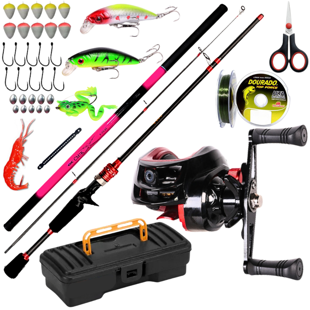 Carretilha de Pesca Anticabeleira Arrasto 10kg Vara Carbono Isca Artificial Vara Telescopica Mao KIT