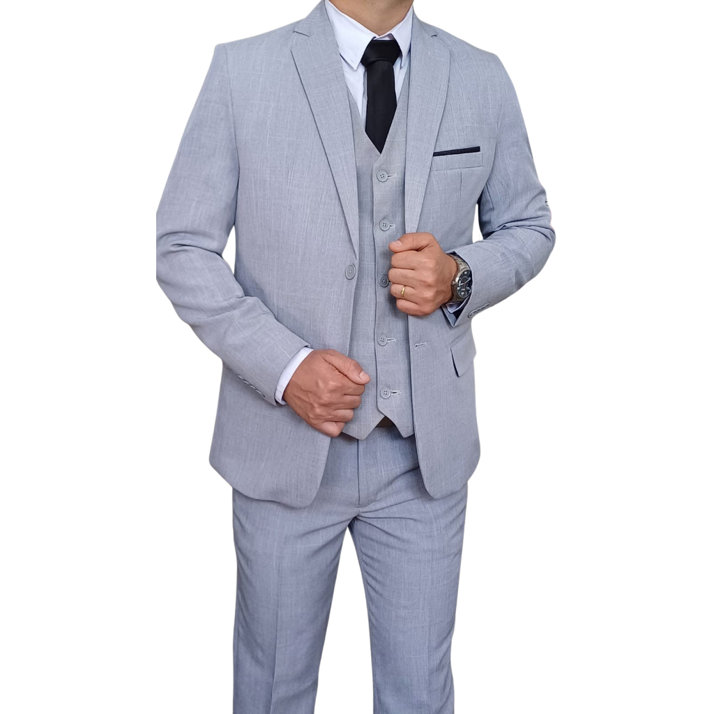 Terno Social Masculino Slim Completo Com Colete Microfibra Melange Cinza Claro E Cores