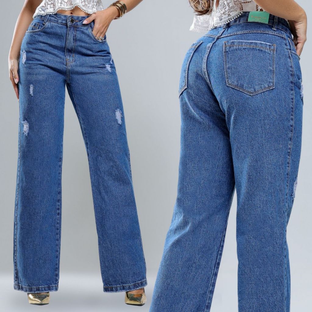 Calça Jeans Feminina Wide Leg Marmorizada Cintura Alta 100% Algodão Linha Premium Tecido Grosso