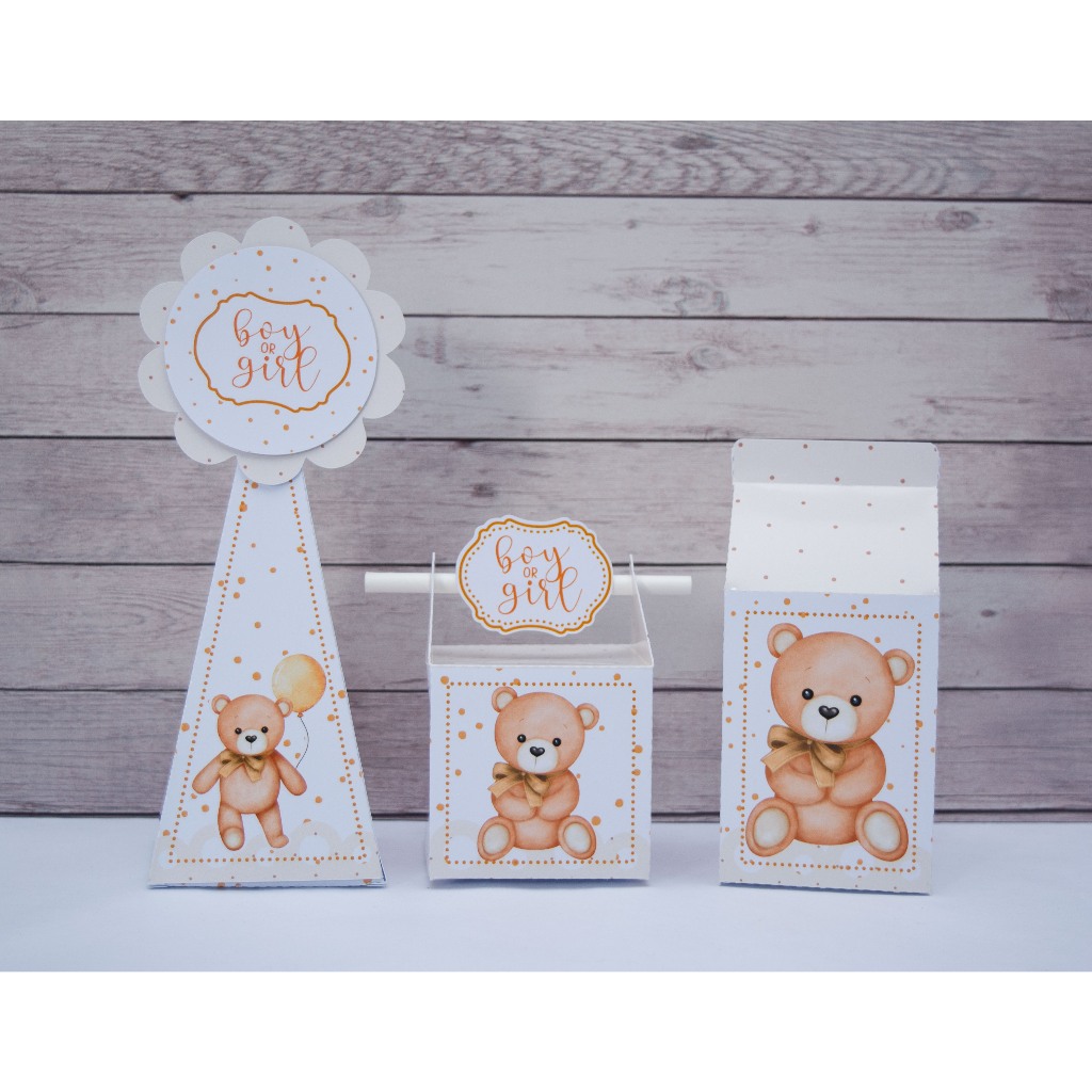 Caixinhas personalizadas CHÁ REVELAÇÃO / CHÁ DE BEBÊ URSO DOURADO caixas lembrancinhas triangulo com alça milk piramide