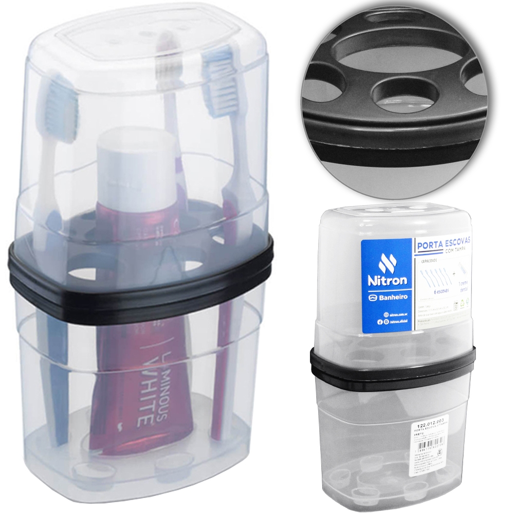 Porta Escova Dental De Pia Plástico Com Tampa Preto / Branco em Oferta na Shopee