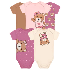 Kit 5 Peças Body Urso Algodão Roupa Infantil Bebê Menina 5 Bodies Manga Curta
