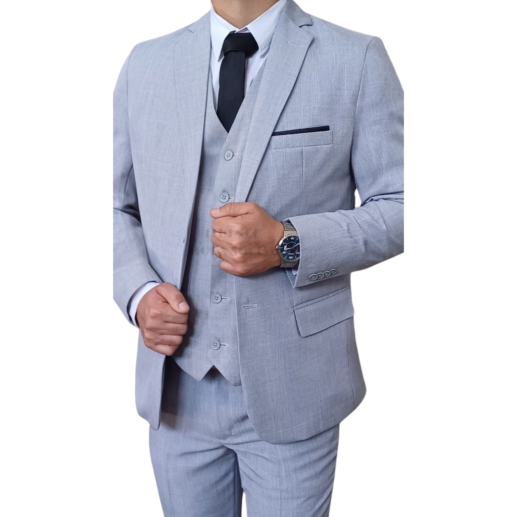 Terno Social Masculino Slim Completo Blazer, Calça e Colete Microfibra Melange Cinza Claro E Cores