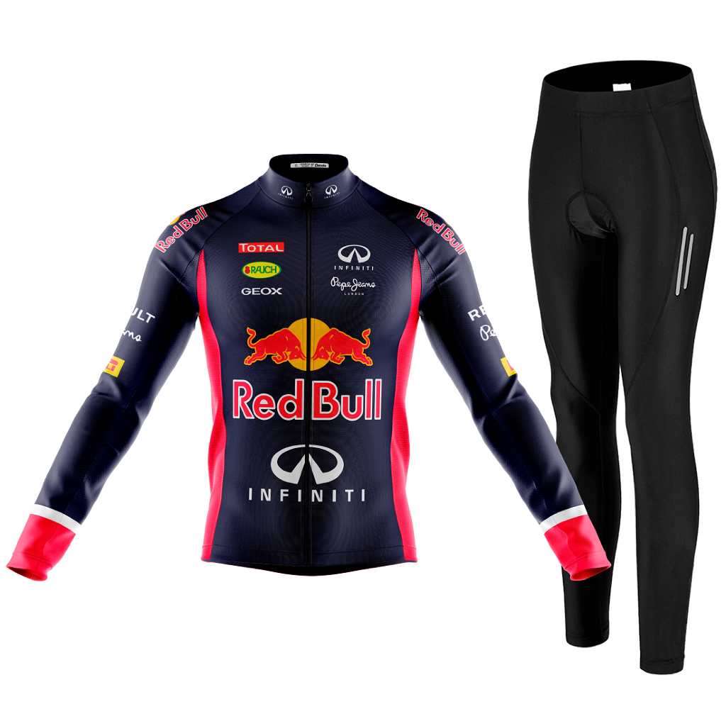 Kit Camisa Ciclismo Red Bull Longa Com Calça Bike Forro Espuma Refletivo