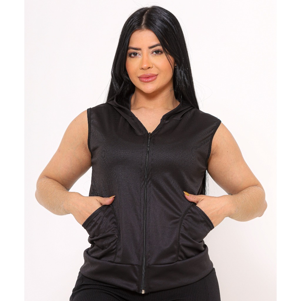 Jaqueta Colete Dry Fit Preta Com Capuz Academia Caminhada em Oferta na Shopee