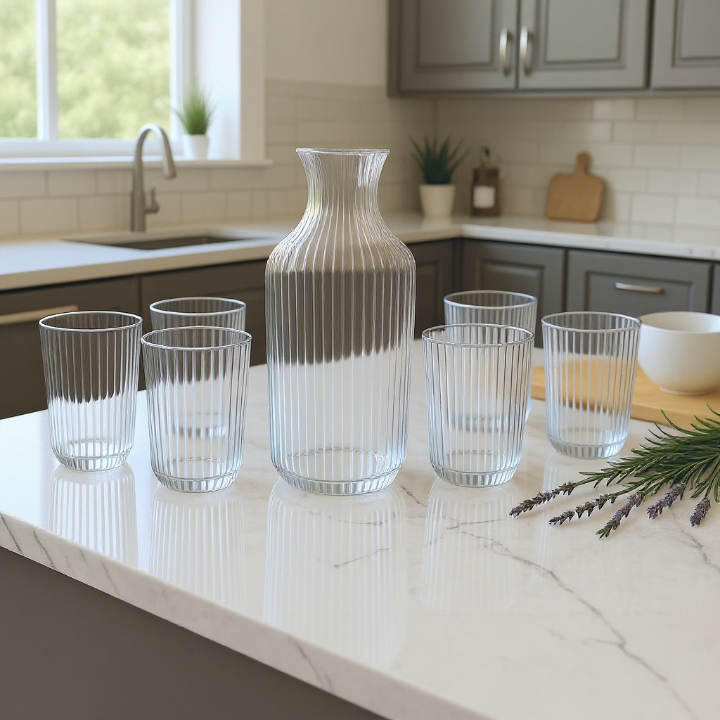Jarra de Vidro Conjunto com 6 Copos Canelados Suco Água Resistentes Contemporâneo Lindas