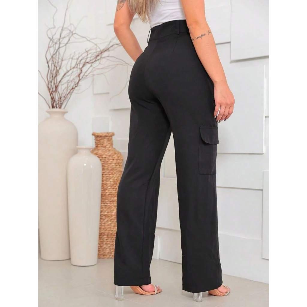 Calça Pantalona Cargo Feminina em Alfaiataria Wide Leg Casual Para Trabalhar