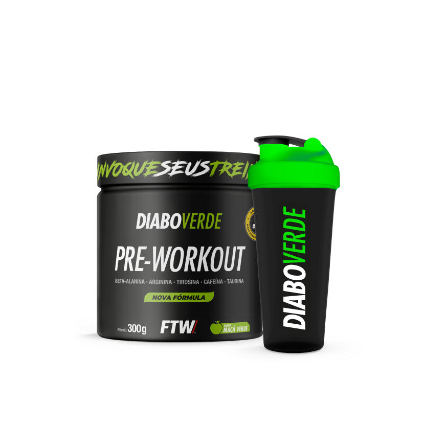 FTW Pré Treino Diabo Verde Pote 300g + Coqueteleira Fumê Tampa Verde 600ml em Oferta na Shopee