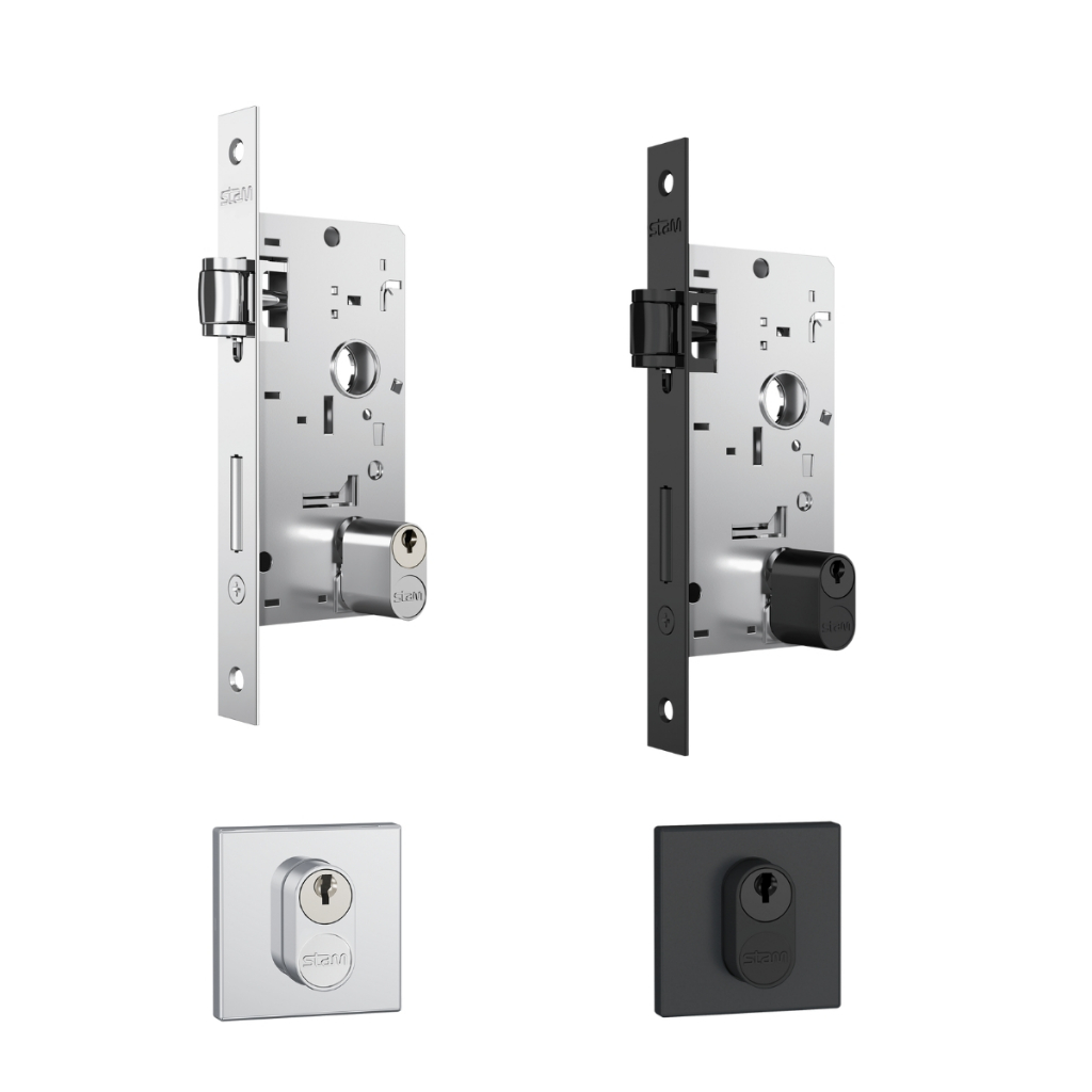 Fechadura Rolete Porta Pivotante 803 Stam C/cilindro Preta Cromada Quadrada 40 Mm