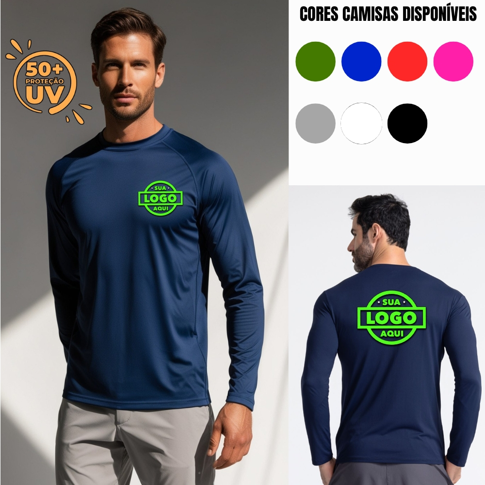 Camisa UV50+ Personalizada Manga Longa/Curta Nome Logo Pesca Corrida Praia Unissex