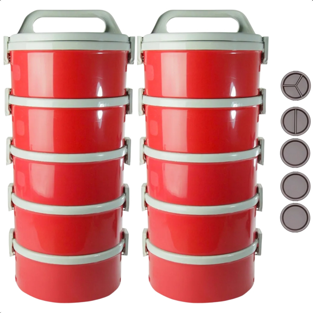 Kit 2 Jogo De Marmita Térmica 1,5 Litros Vermelha Divisória Com Alça Presilha 10 Peças Soprano
