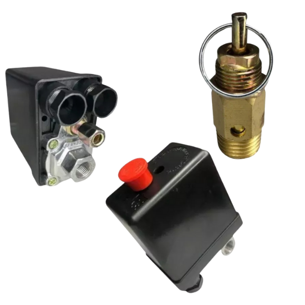 Kit Pressostato Compressor Automático Botão 135-175 psi 1/4 + Válvula de Segurança 175 psi 1/4 NPT