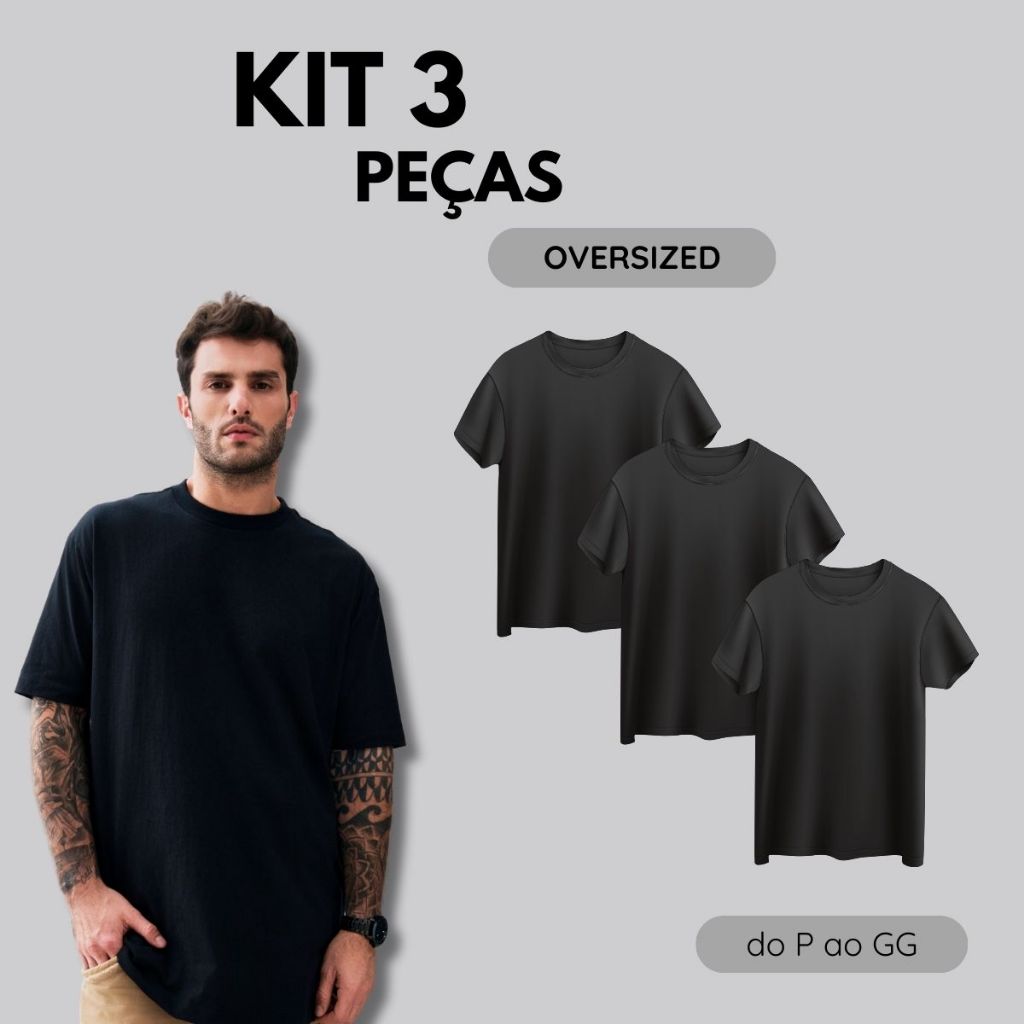 Kit 3 Camiseta Oversized Masculina Lisa 100% Algodão Streetwear Estilo de Rua Camiseta Gola Redonda