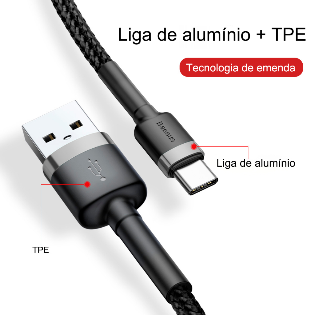 Detalhes do Baseus Cabo USB para Tipo-C Nylon 3A 1 Metro Cafule Carregamento Rápido iPhone 15 16 Android