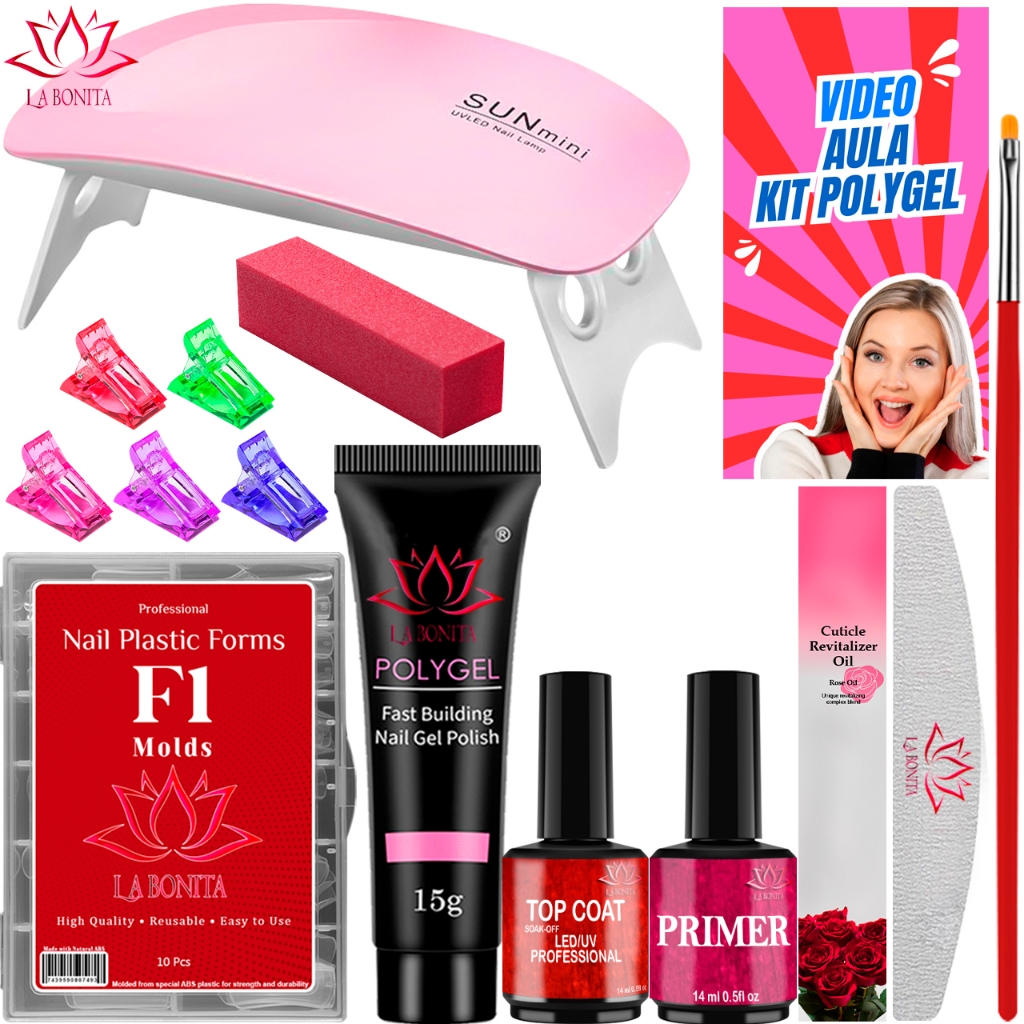 Kit Alongamento de Unha Polygel Cabine Estufa Sun Mini 6w Top Coat Primer 100 Moldes F1Gel Acrigel em Oferta na Shopee